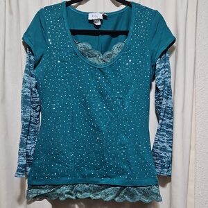 Jody Teal Layered Lace & Rhinestone Long Sleeve Tee